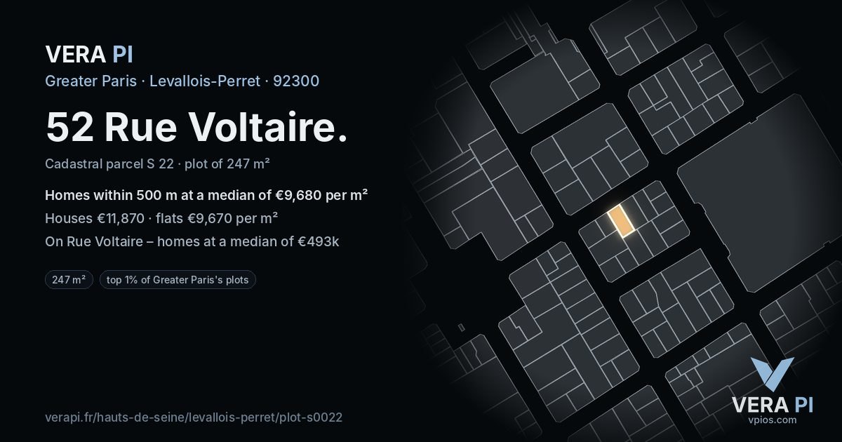 52 Rue Voltaire, Levallois-Perret at night – the plot lit, the parcels around coloured by the prices near them