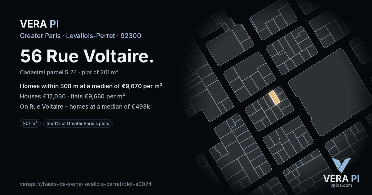 56 Rue Voltaire, Levallois-Perret at night – the plot lit, the parcels around coloured by the prices near them