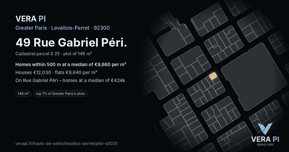 49 Rue Gabriel Péri, Levallois-Perret at night – the plot lit, the parcels around coloured by the prices near them