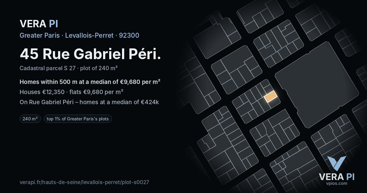 45 Rue Gabriel Péri, Levallois-Perret at night – the plot lit, the parcels around coloured by the prices near them