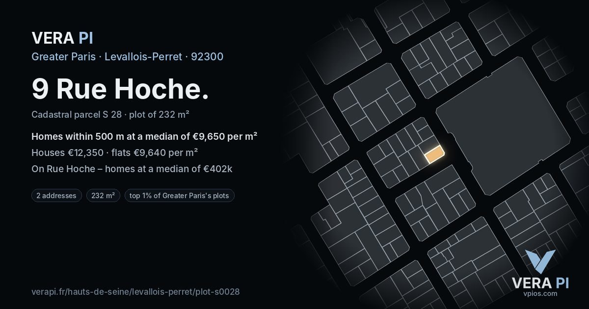 9 Rue Hoche, Levallois-Perret at night – the plot lit, the parcels around coloured by the prices near them