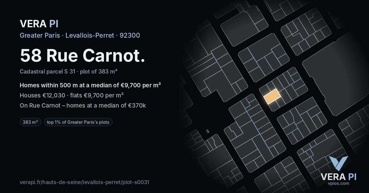 58 Rue Carnot, Levallois-Perret at night – the plot lit, the parcels around coloured by the prices near them