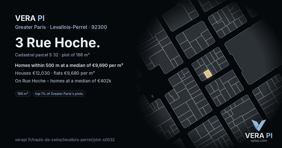 3 Rue Hoche, Levallois-Perret at night – the plot lit, the parcels around coloured by the prices near them