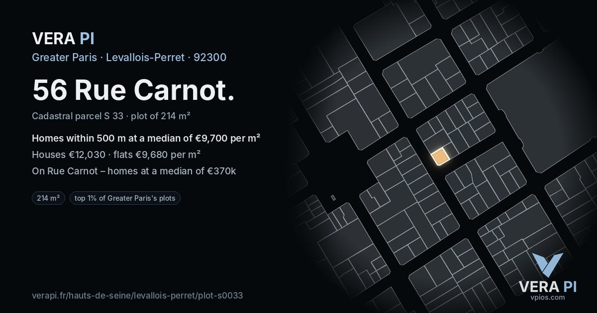 56 Rue Carnot, Levallois-Perret at night – the plot lit, the parcels around coloured by the prices near them