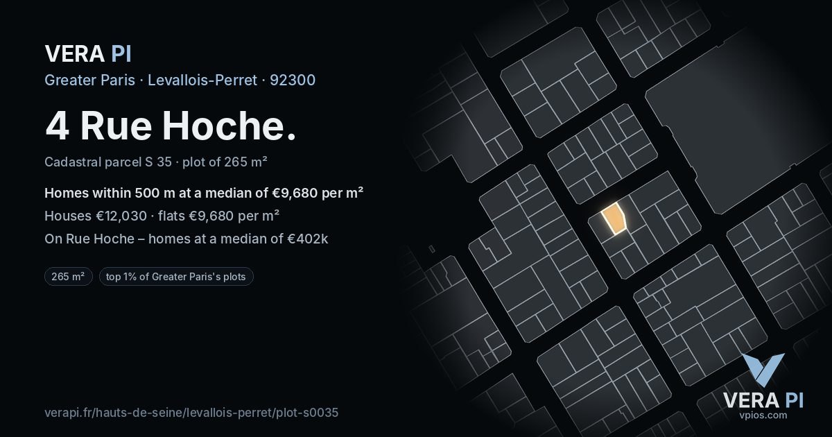4 Rue Hoche, Levallois-Perret at night – the plot lit, the parcels around coloured by the prices near them