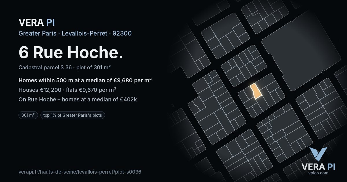 6 Rue Hoche, Levallois-Perret at night – the plot lit, the parcels around coloured by the prices near them