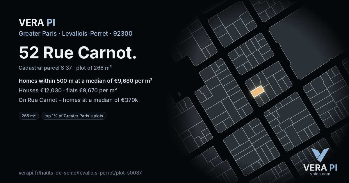 52 Rue Carnot, Levallois-Perret at night – the plot lit, the parcels around coloured by the prices near them