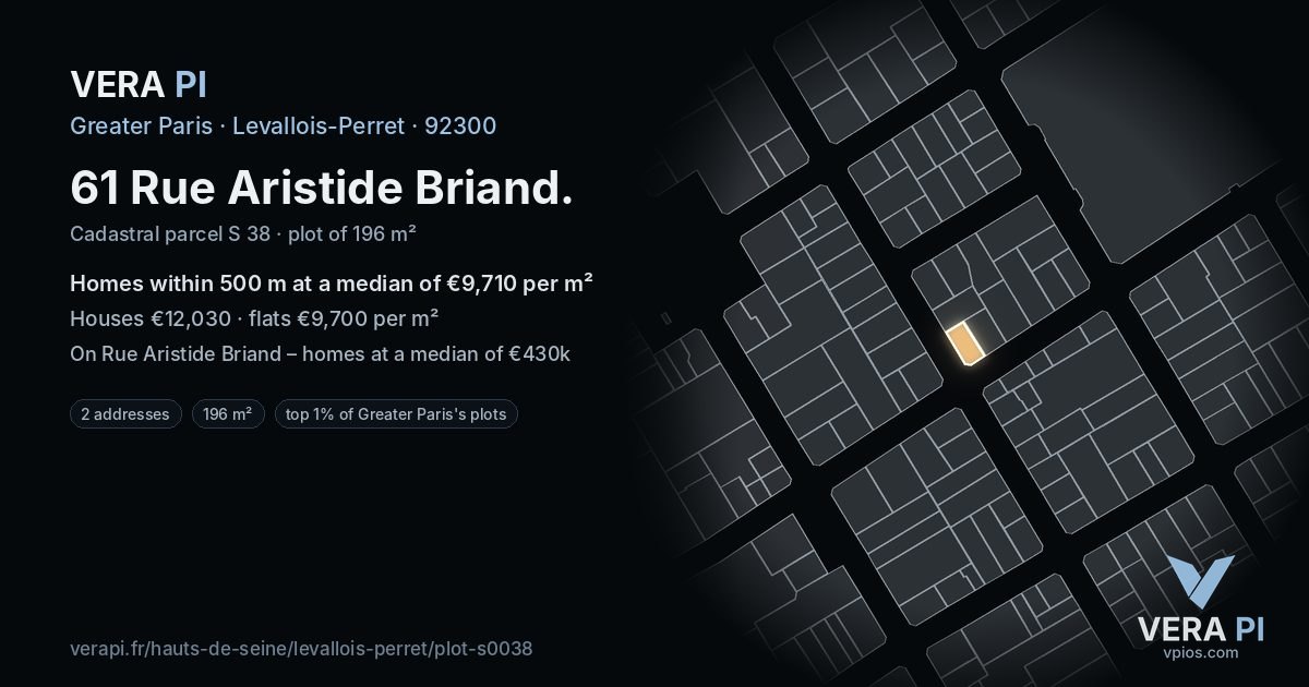 61 Rue Aristide Briand, Levallois-Perret at night – the plot lit, the parcels around coloured by the prices near them
