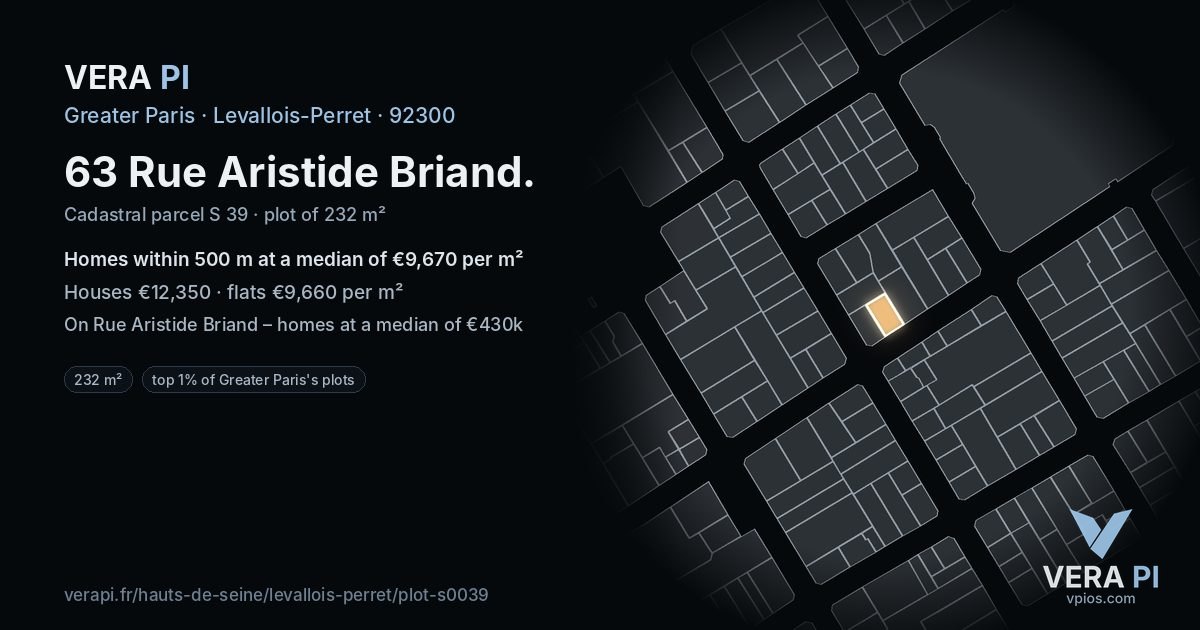 63 Rue Aristide Briand, Levallois-Perret at night – the plot lit, the parcels around coloured by the prices near them