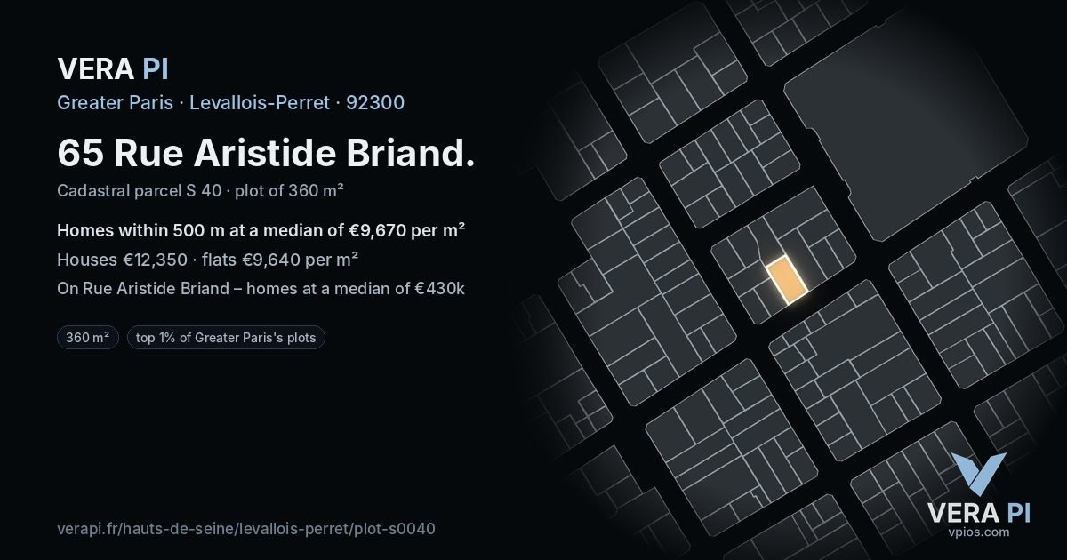 65 Rue Aristide Briand, Levallois-Perret at night – the plot lit, the parcels around coloured by the prices near them