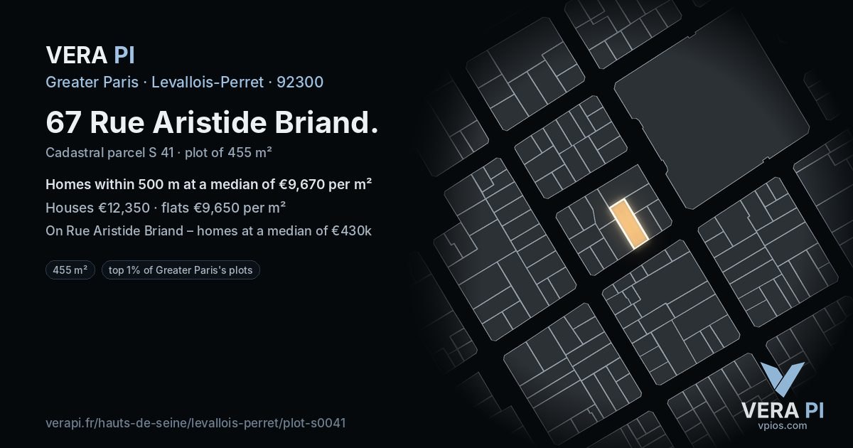 67 Rue Aristide Briand, Levallois-Perret at night – the plot lit, the parcels around coloured by the prices near them