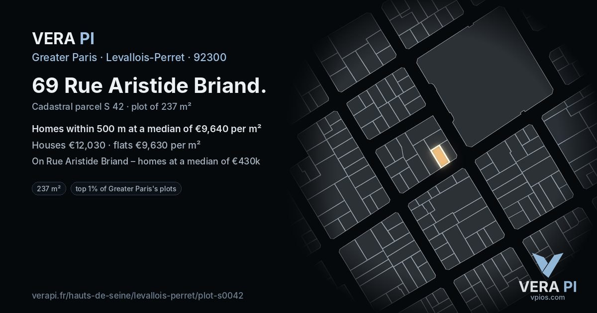 69 Rue Aristide Briand, Levallois-Perret at night – the plot lit, the parcels around coloured by the prices near them