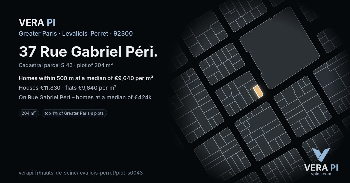 37 Rue Gabriel Péri, Levallois-Perret at night – the plot lit, the parcels around coloured by the prices near them