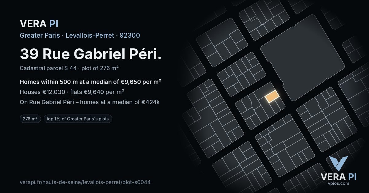 39 Rue Gabriel Péri, Levallois-Perret at night – the plot lit, the parcels around coloured by the prices near them