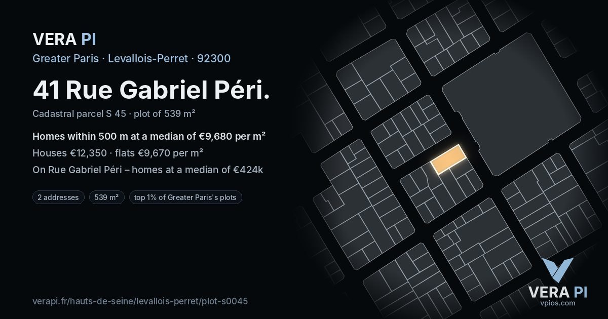 41 Rue Gabriel Péri, Levallois-Perret at night – the plot lit, the parcels around coloured by the prices near them
