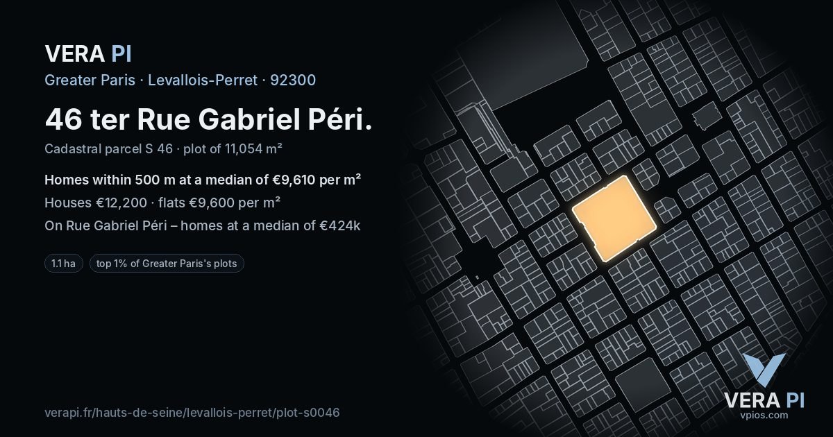46 ter Rue Gabriel Péri, Levallois-Perret at night – the plot lit, the parcels around coloured by the prices near them