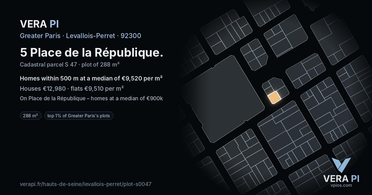 5 Place de la République, Levallois-Perret at night – the plot lit, the parcels around coloured by the prices near them