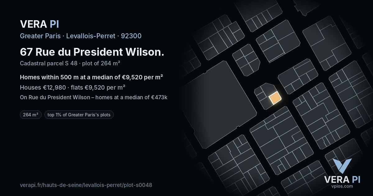 67 Rue du President Wilson, Levallois-Perret at night – the plot lit, the parcels around coloured by the prices near them