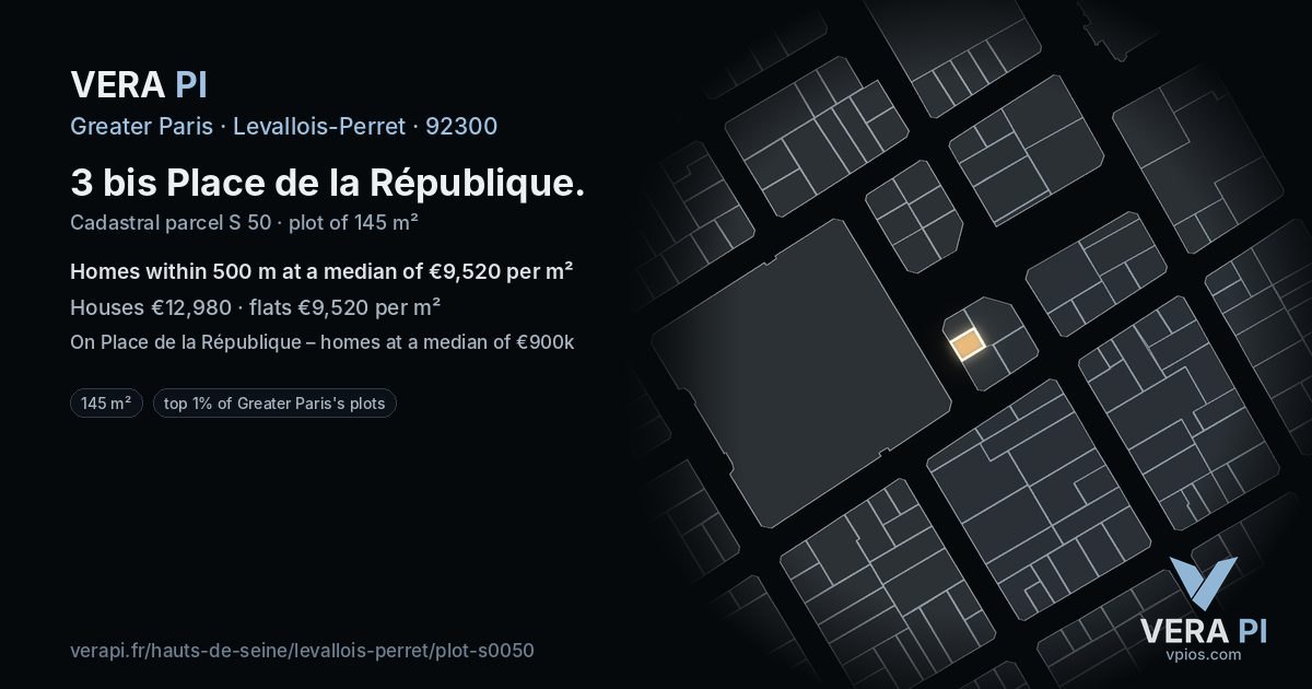3 bis Place de la République, Levallois-Perret at night – the plot lit, the parcels around coloured by the prices near them