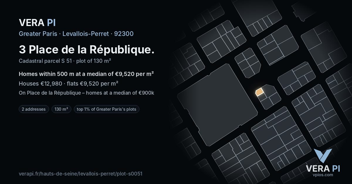 3 Place de la République, Levallois-Perret at night – the plot lit, the parcels around coloured by the prices near them