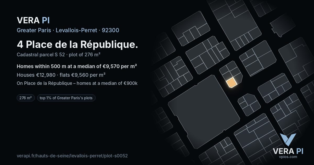 4 Place de la République, Levallois-Perret at night – the plot lit, the parcels around coloured by the prices near them