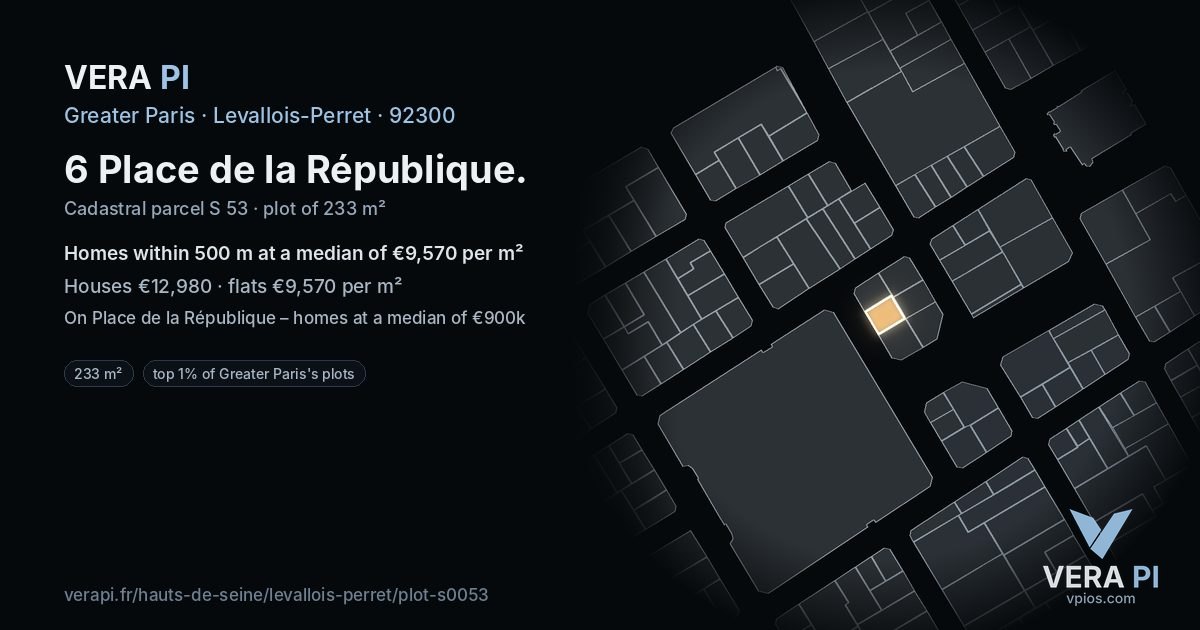 6 Place de la République, Levallois-Perret at night – the plot lit, the parcels around coloured by the prices near them