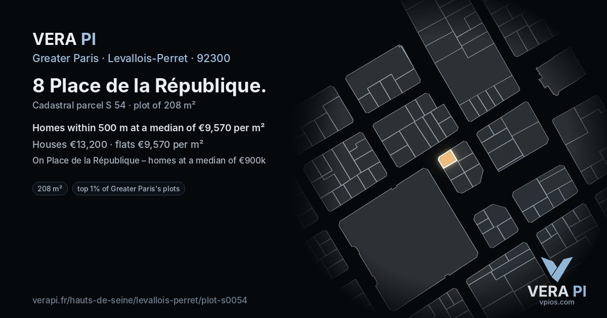 8 Place de la République, Levallois-Perret at night – the plot lit, the parcels around coloured by the prices near them