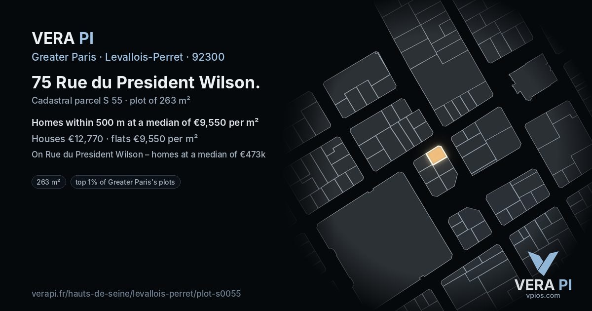 75 Rue du President Wilson, Levallois-Perret at night – the plot lit, the parcels around coloured by the prices near them
