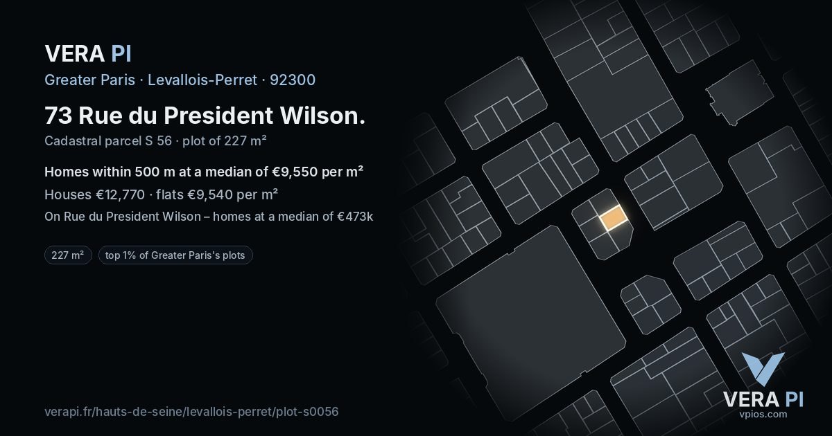 73 Rue du President Wilson, Levallois-Perret at night – the plot lit, the parcels around coloured by the prices near them