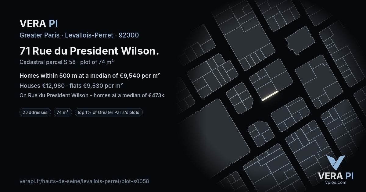 71 Rue du President Wilson, Levallois-Perret at night – the plot lit, the parcels around coloured by the prices near them