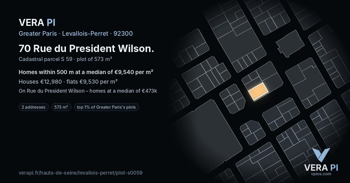 70 Rue du President Wilson, Levallois-Perret at night – the plot lit, the parcels around coloured by the prices near them