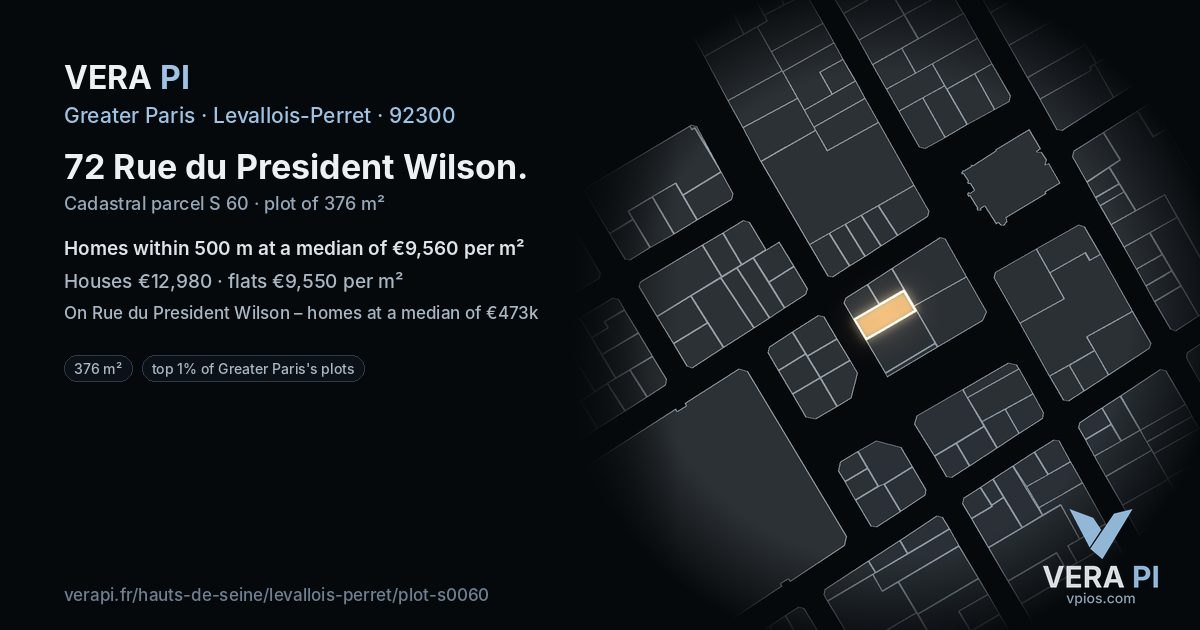 72 Rue du President Wilson, Levallois-Perret at night – the plot lit, the parcels around coloured by the prices near them