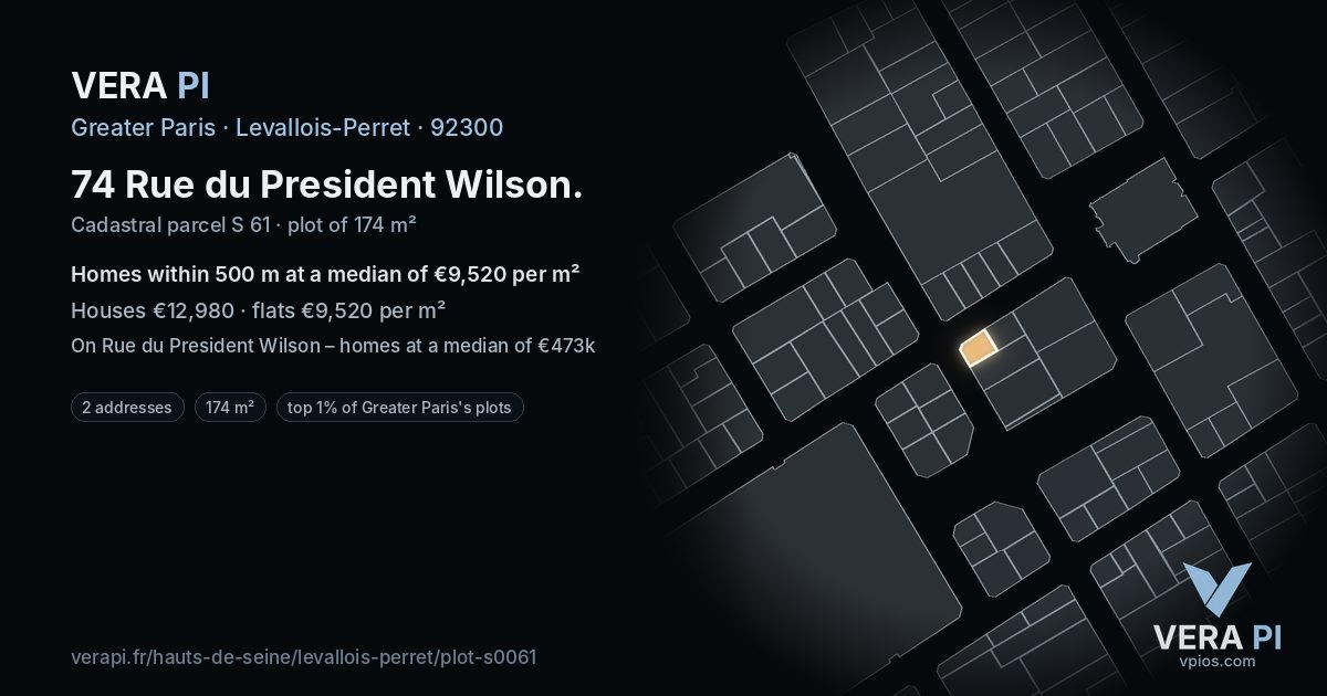 74 Rue du President Wilson, Levallois-Perret at night – the plot lit, the parcels around coloured by the prices near them