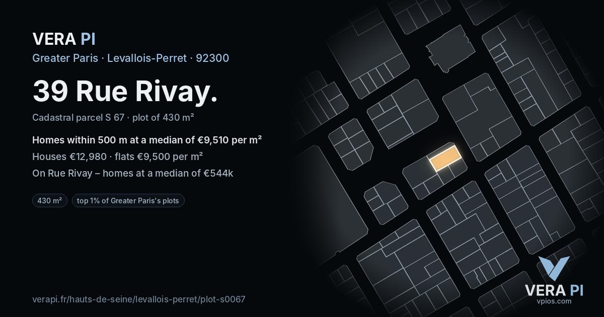 39 Rue Rivay, Levallois-Perret at night – the plot lit, the parcels around coloured by the prices near them