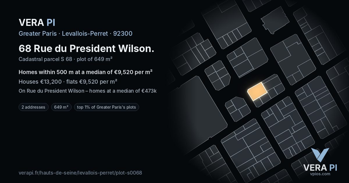 68 Rue du President Wilson, Levallois-Perret at night – the plot lit, the parcels around coloured by the prices near them