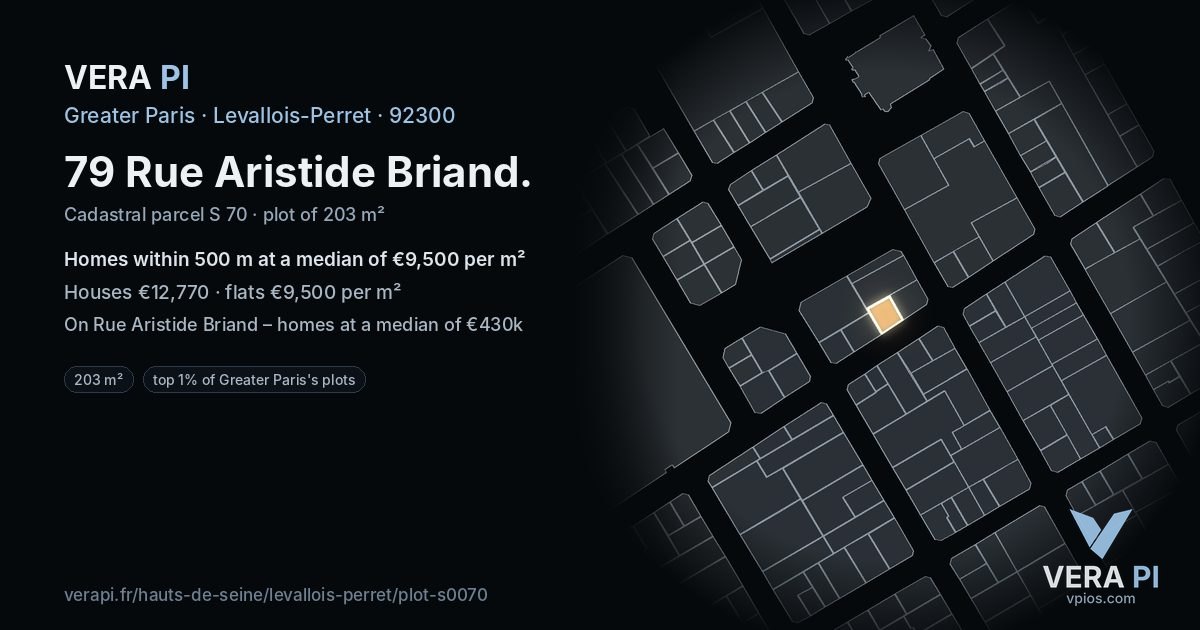 79 Rue Aristide Briand, Levallois-Perret at night – the plot lit, the parcels around coloured by the prices near them