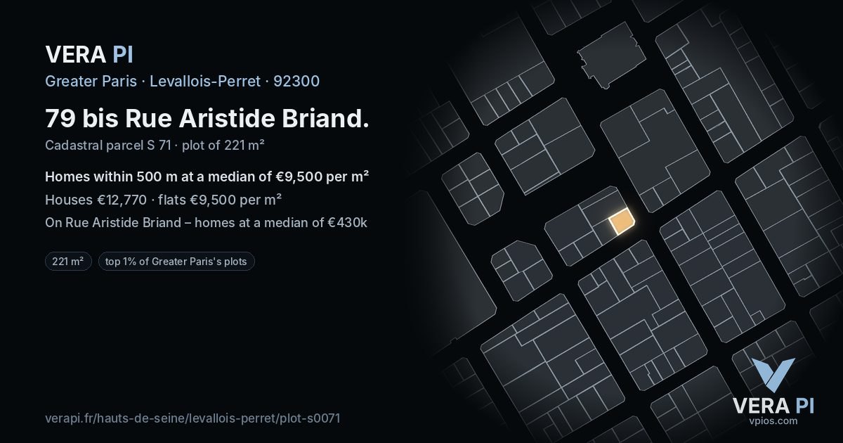 79 bis Rue Aristide Briand, Levallois-Perret at night – the plot lit, the parcels around coloured by the prices near them