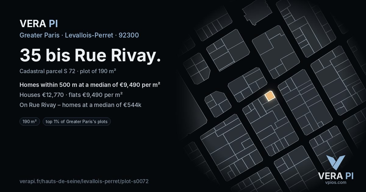 35 bis Rue Rivay, Levallois-Perret at night – the plot lit, the parcels around coloured by the prices near them