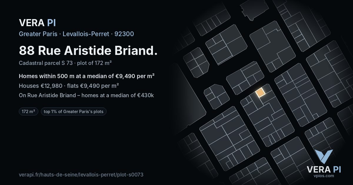 88 Rue Aristide Briand, Levallois-Perret at night – the plot lit, the parcels around coloured by the prices near them