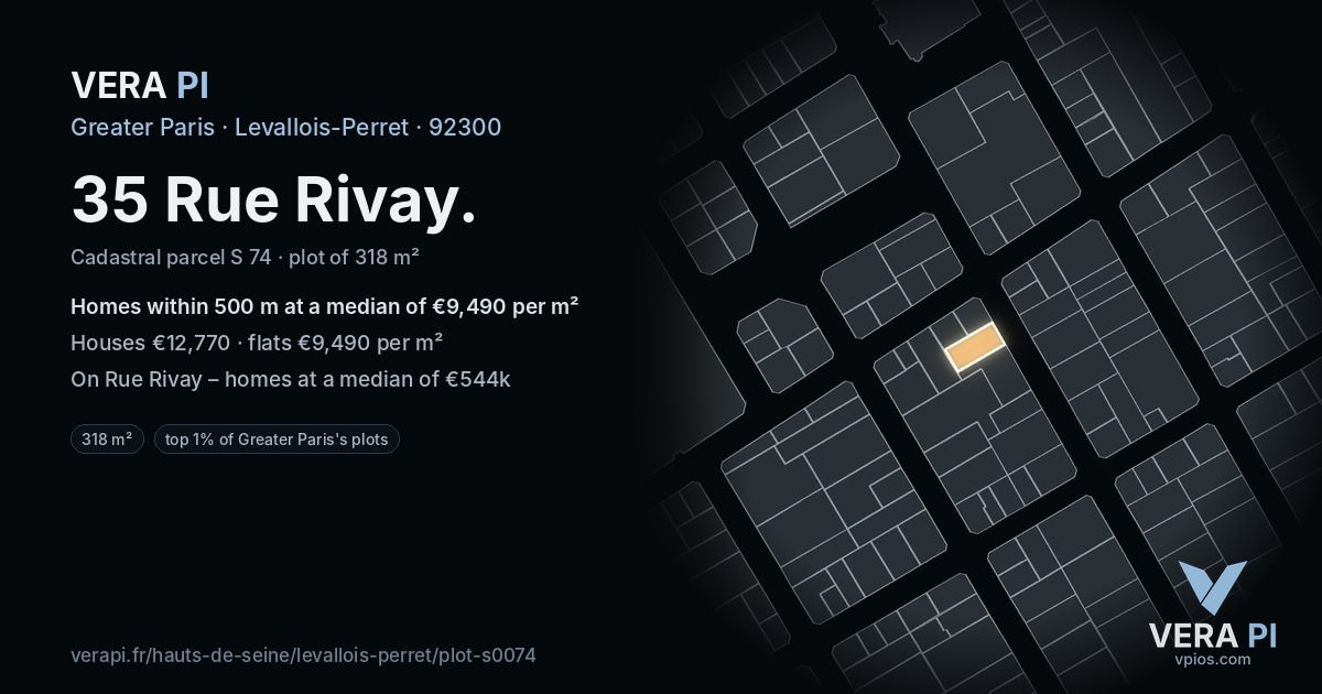 35 Rue Rivay, Levallois-Perret at night – the plot lit, the parcels around coloured by the prices near them