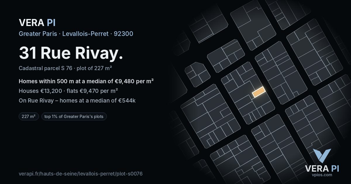 31 Rue Rivay, Levallois-Perret at night – the plot lit, the parcels around coloured by the prices near them