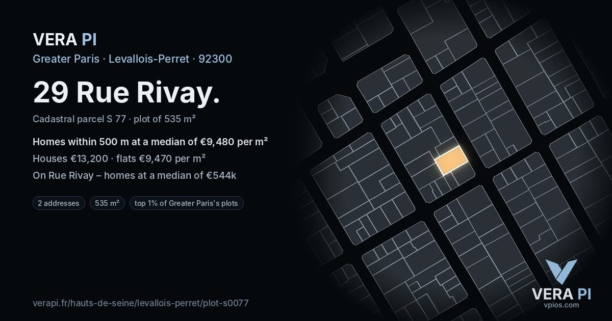 29 Rue Rivay, Levallois-Perret at night – the plot lit, the parcels around coloured by the prices near them