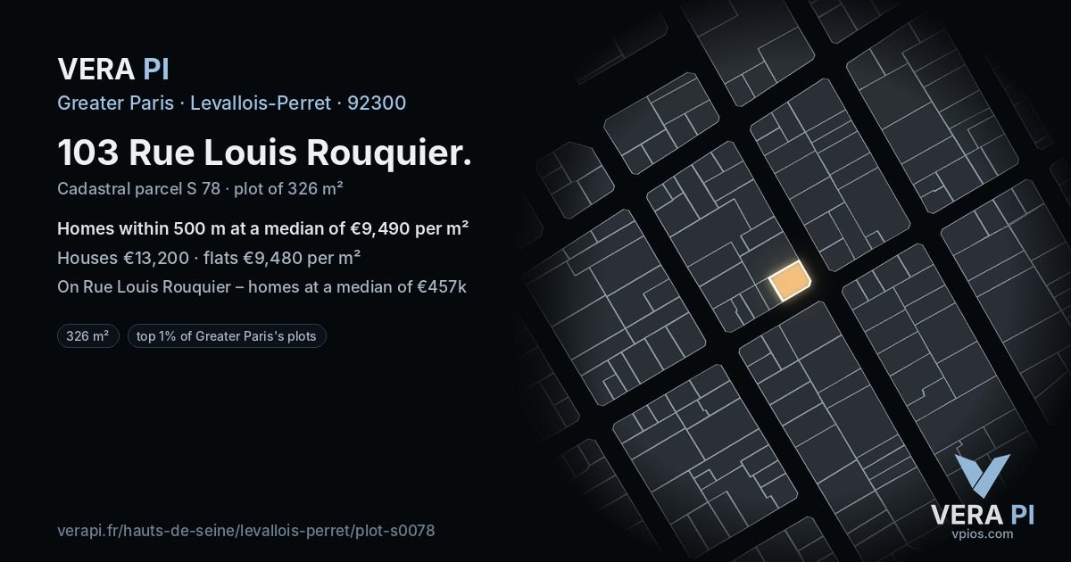 103 Rue Louis Rouquier, Levallois-Perret at night – the plot lit, the parcels around coloured by the prices near them