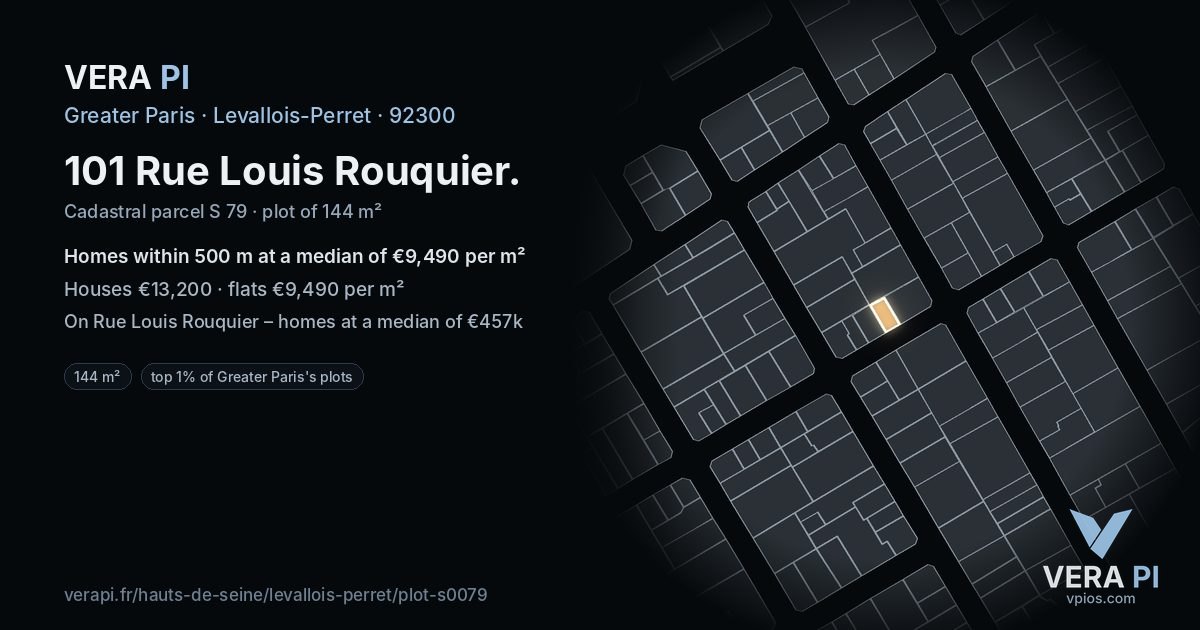 101 Rue Louis Rouquier, Levallois-Perret at night – the plot lit, the parcels around coloured by the prices near them