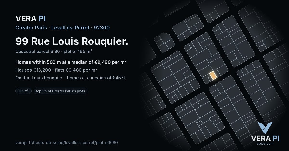 99 Rue Louis Rouquier, Levallois-Perret at night – the plot lit, the parcels around coloured by the prices near them