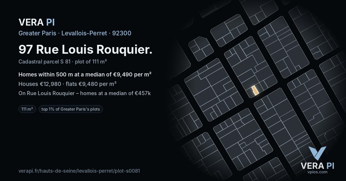 97 Rue Louis Rouquier, Levallois-Perret at night – the plot lit, the parcels around coloured by the prices near them