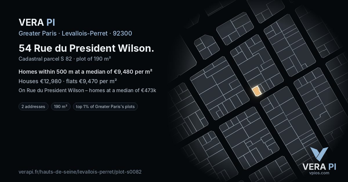 54 Rue du President Wilson, Levallois-Perret at night – the plot lit, the parcels around coloured by the prices near them