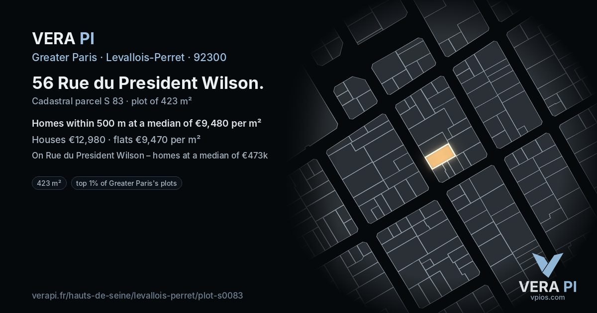56 Rue du President Wilson, Levallois-Perret at night – the plot lit, the parcels around coloured by the prices near them