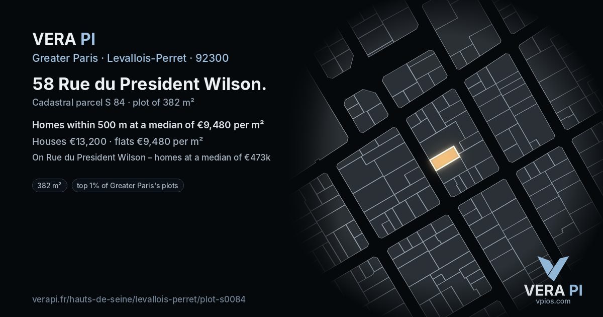 58 Rue du President Wilson, Levallois-Perret at night – the plot lit, the parcels around coloured by the prices near them