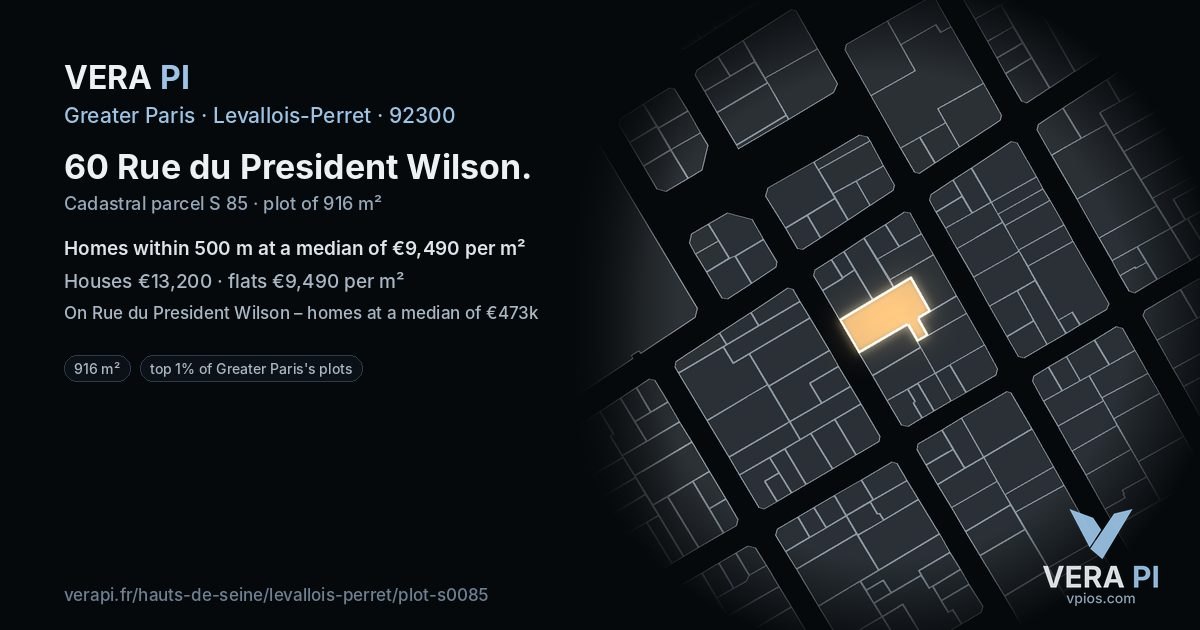 60 Rue du President Wilson, Levallois-Perret at night – the plot lit, the parcels around coloured by the prices near them